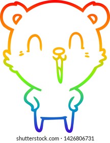 dibujo de una línea de gradiente de arcoiris de un oso de caricatura que se ríe feliz