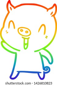 dibujo de una línea de gradiente de arco iris de un cerdo de caricatura feliz