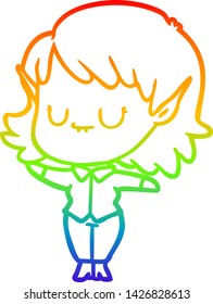 rainbow gradient line drawing of a happy cartoon elf girl