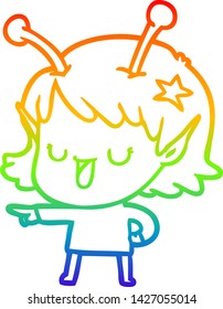 rainbow gradient line drawing of a happy alien girl cartoon