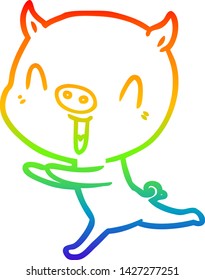 rainbow gradient line drawing of a happy cartoon pig running