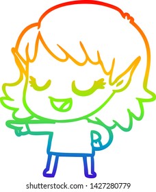 rainbow gradient line drawing of a happy cartoon elf girl pointing