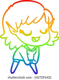 rainbow gradient line drawing of a happy cartoon elf girl