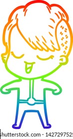 Regenbogen-Farbverlauf-Linie Zeichnung eines glücklichen Cartoon Mädchen in futuristischen Kleidung