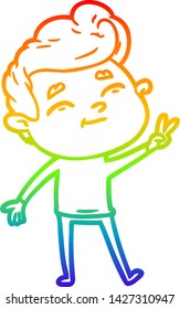 rainbow gradient line drawing of a happy cartoon man giving a peace sign