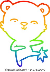 rainbow gradient line drawing of a happy cartoon polar bear kicking