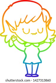 rainbow gradient line drawing of a happy cartoon elf girl