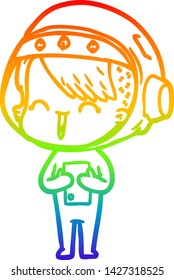 rainbow gradient line drawing of a happy cartoon space girl