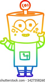 rainbow gradient line drawing of a happy cartoon robot waving hello