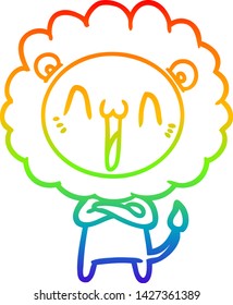 dibujo de una línea de gradiente de arco iris de un feliz león de caricatura