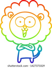 rainbow gradient line drawing of a happy cartoon lion