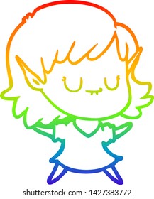 rainbow gradient line drawing of a happy cartoon elf girl