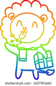 rainbow gradient line drawing of a happy cartoon lion