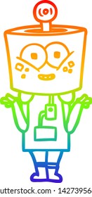 dibujo de una línea de gradiente arco iris de un robot de dibujos animados feliz encogiéndose hombros