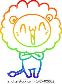 dibujo de una línea de gradiente de arco iris de un feliz león de caricatura