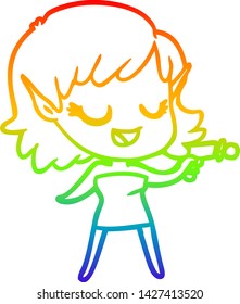 rainbow gradient line drawing of a happy cartoon space girl with ray gun
