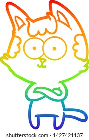 rainbow gradient line drawing of a happy cartoon cat with crossed arms