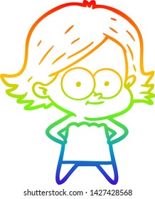 rainbow gradient line drawing of a happy cartoon girl