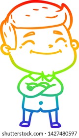 dibujo de una línea de gradiente de arco iris de un hombre de caricatura feliz