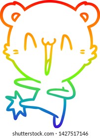 rainbow gradient line drawing of a happy bear kicking cartoon