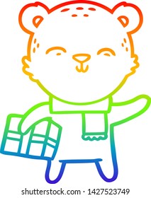 dibujo de una línea de gradiente de arco iris de un feliz oso de dibujos animados con presente