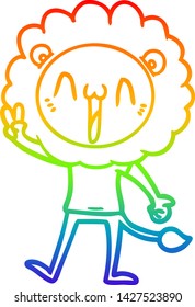 dibujo de una línea de gradiente de arco iris de un feliz león de caricatura