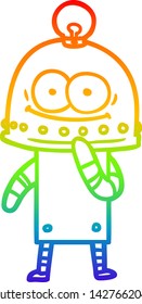 rainbow gradient line drawing of a happy carton robot with light bulb