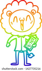 rainbow gradient line drawing of a happy cartoon lion