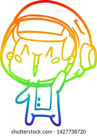 dibujo de una línea de gradiente de arco iris de un alegre astronauta de dibujos animados ondeando