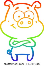 dibujo de una línea de gradiente de arco iris de un cerdo de caricatura feliz