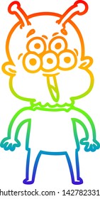 dibujo de una línea de gradiente de arcoiris de un extraterrestre alegre de caricatura