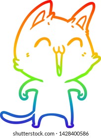 rainbow gradient line drawing of a happy cartoon cat meowing