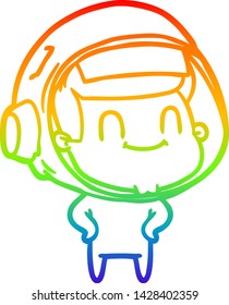 rainbow gradient line drawing of a happy cartoon astronaut man