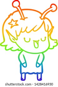 dibujo de la línea de gradiente del arco iris de una alegre caricatura de una chica alienígena