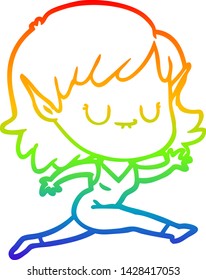 rainbow gradient line drawing of a happy cartoon elf girl running