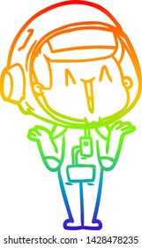 dibujo de una línea de gradiente arco iris de un alegre astronauta de caricatura encogiéndose hombros