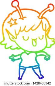 rainbow gradient line drawing of a happy alien girl cartoon