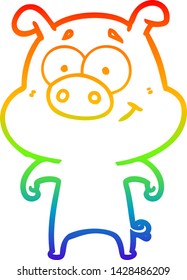 dibujo de una línea de gradiente de arco iris de un cerdo de caricatura feliz
