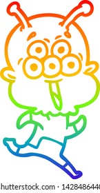 dibujo de una línea de gradiente de arco iris de un extraterrestre de dibujos animados feliz corriendo