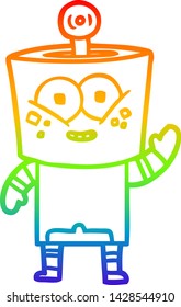 rainbow gradient line drawing of a happy cartoon robot waving hello