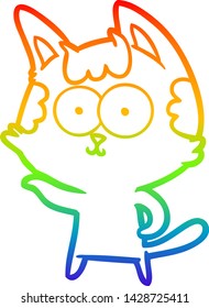 dibujo de una línea de gradiente de arco iris de un gato de dibujos animados feliz