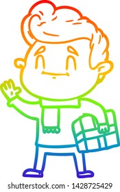 dibujo de una línea de gradiente de arco iris de un hombre de dibujos animados feliz con regalo