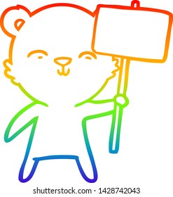 rainbow gradient line drawing of a happy cartoon bear with sign