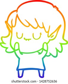 rainbow gradient line drawing of a happy cartoon elf girl wearing dress