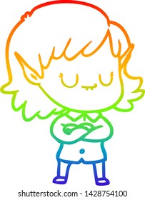 rainbow gradient line drawing of a happy cartoon elf girl