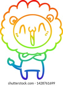 dibujo de una línea de gradiente de arco iris de un feliz león de caricatura