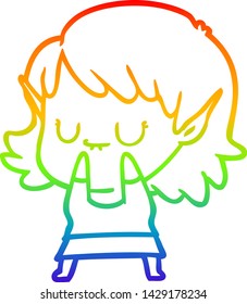 rainbow gradient line drawing of a happy cartoon elf girl