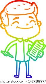 dibujo de una línea de gradiente de arco iris de un hombre de dibujos animados feliz haciendo una encuesta