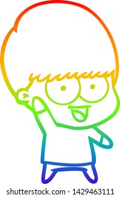 rainbow gradient line drawing of a happy cartoon boy waving