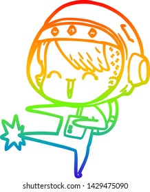 rainbow gradient line drawing of a happy cartoon space girl kicking
